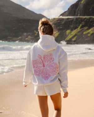 Pink Palm Puff Hawaii Hibiscus Women Hoodie White | P-90268419