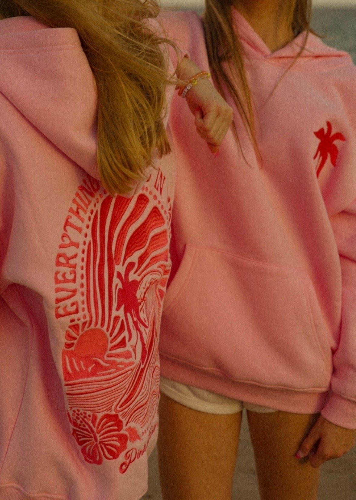 Pink Palm Puff Everything Comes in Waves Women Hoodie Pink | P-84936529